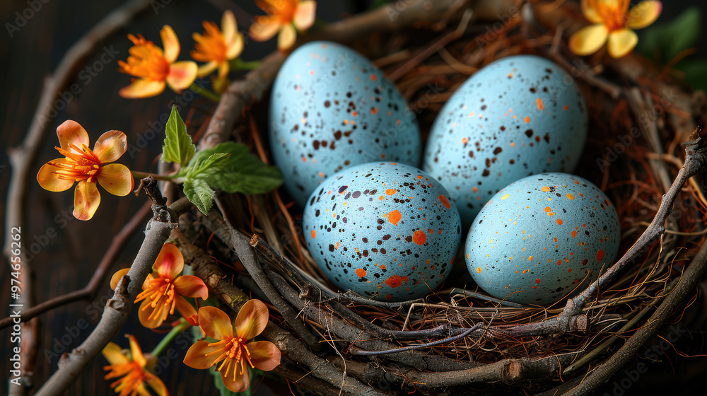 Beautifully decorated Easter eggs nestled in a natural nest, celebrating the joy and vibrancy of spring festivities in a delightful arrangement. Beautifully decorated Easter eggs nestled in a natural nest, celebrating the joy and vibrancy of spring festivities in a delightful arrangement.