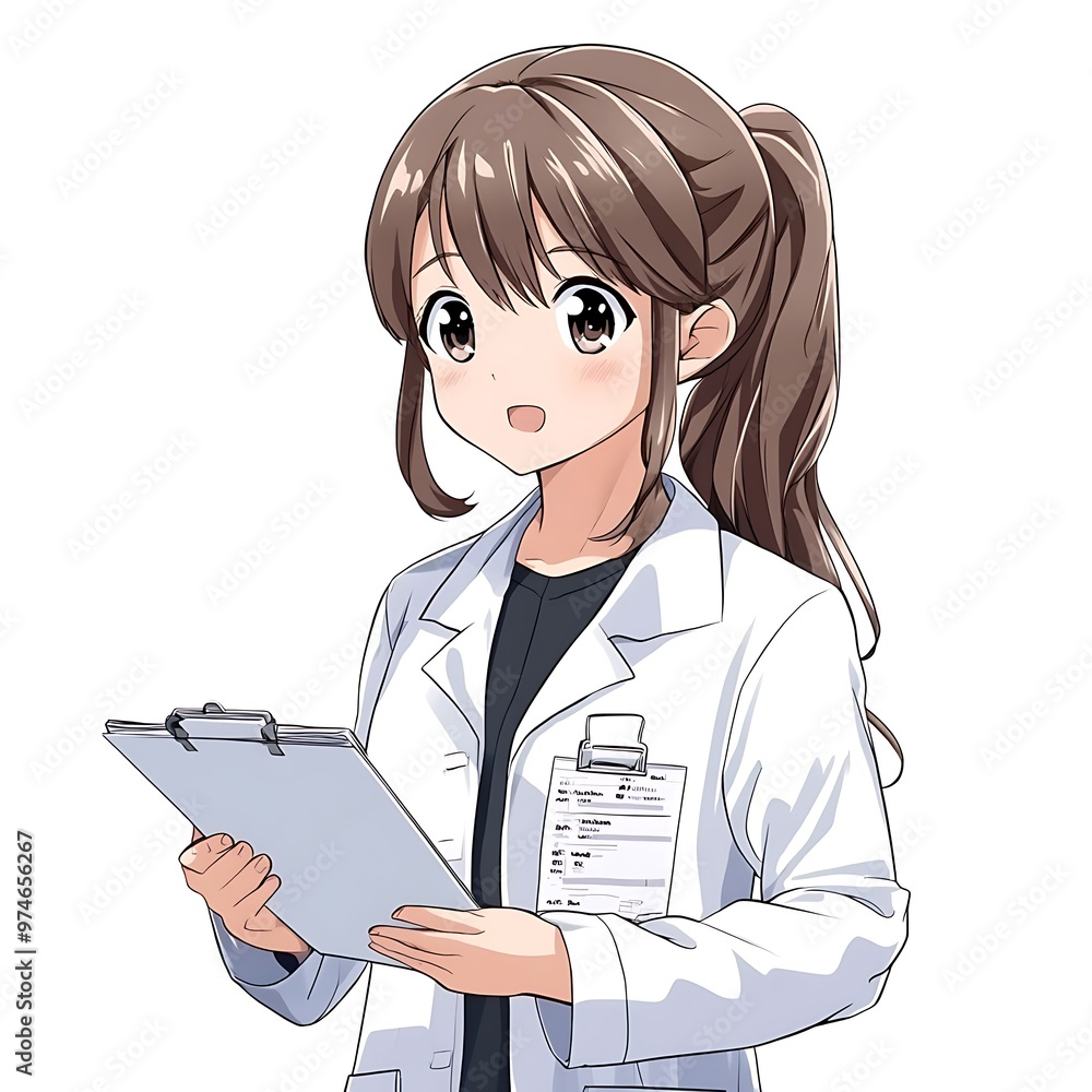Anime Doctor Holding Clipboard, Young Female Medical Professional. Anime Doctor Holding Clipboard, Young Female Medical Professional.