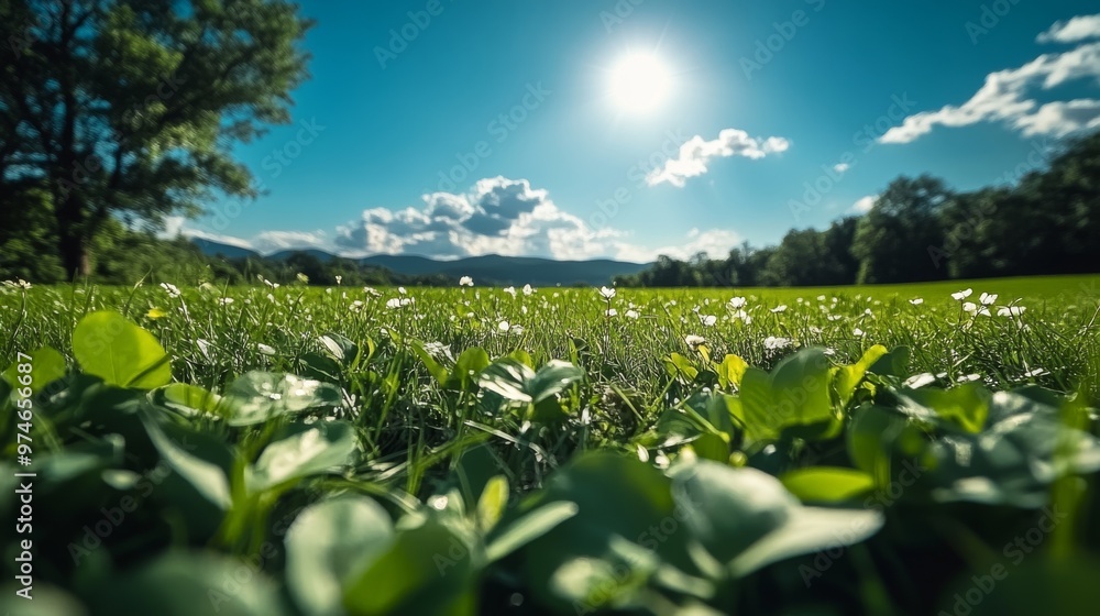 A beautiful sunny day in a meadow featuring lush green grass and a plethora of white flowers, set under a bright blue sky with fluffy clouds, suggesting tranquility and natural beauty. A beautiful sunny day in a meadow featuring lush green grass and a plethora of white flowers, set under a bright blue sky with fluffy clouds, suggesting tranquility and natural beauty.