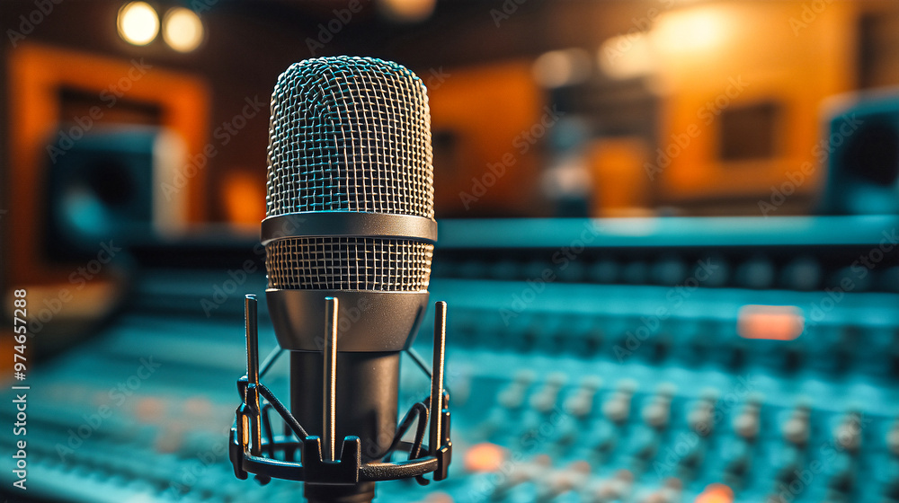 Microphone with sound board in music producer studio . Microphone with sound board in music producer studio .