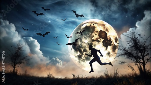 Spooky silhouette of a sinister creature sprinting across a moonlit sky, wispy clouds and bats swirling around, evoking a haunting autumnal ambiance on a fateful evening. photo