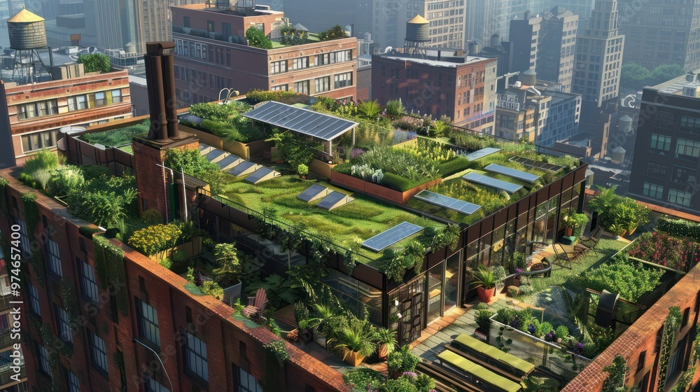 Naklejka premium Urban Oasis: A Rooftop Garden in the City