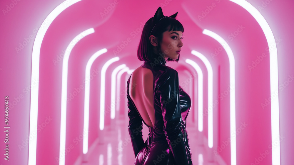 Cat girl in latex suit with neon background
Cat girl in latex suit with neon background