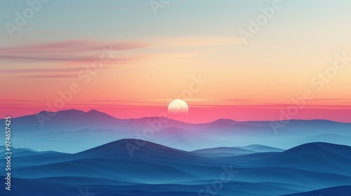 Minimalist Background: Dramatic Sunset Over a Beach Horizon with Soft Blue and Red Gradients 