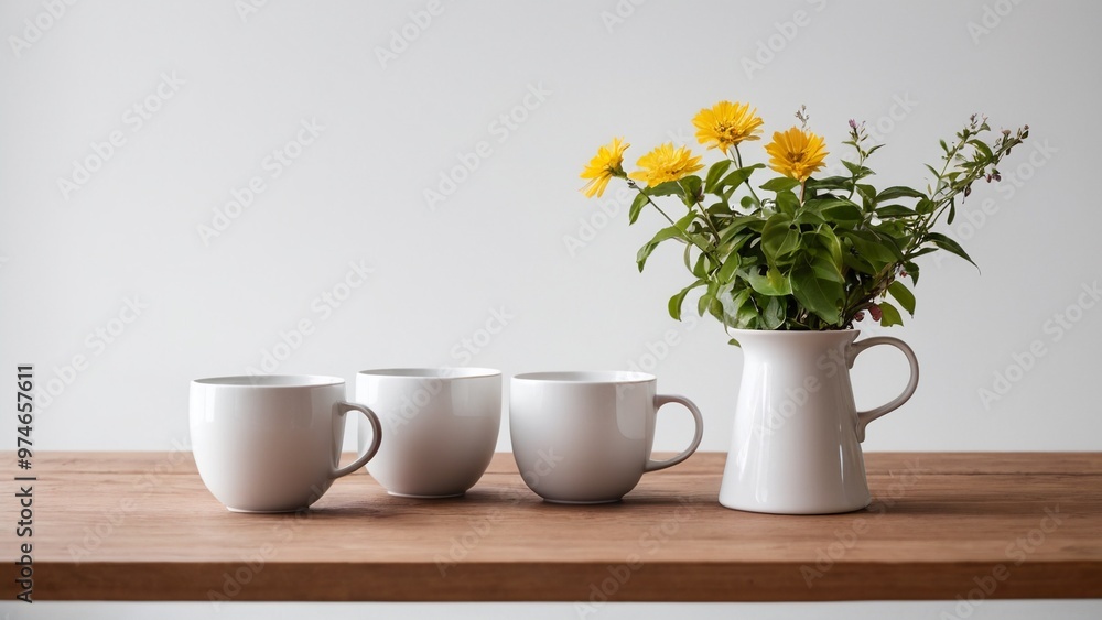 vase with flowers on the table and tea cups
vase with flowers on the table and tea cups