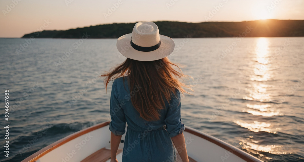Fototapeta premium Girl on a boat with her back out to sea 