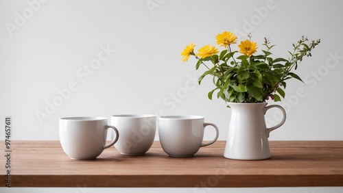 vase with flowers on the table and tea cups 