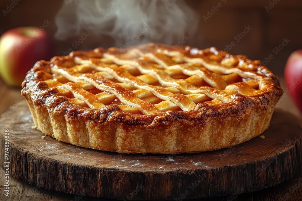 goldencrusted apple pie on rustic wooden table steam rises from perfectly latticed top warm inviting atmosphere with soft lighting goldencrusted apple pie on rustic wooden table steam rises from perfectly latticed top warm inviting atmosphere with soft lighting