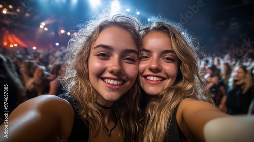 Two young women with bright smiles take a cheerful selfie at a lively concert, capturing the joy and excitement of the energetic atmosphere.