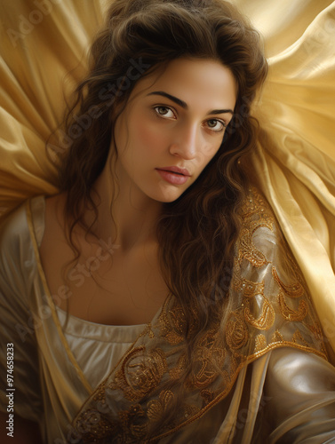 Greek woman in traditional Amalia costume, portrait photography, close-up, detailed gold embroidery and flowing fabric, confident and graceful expression. photo