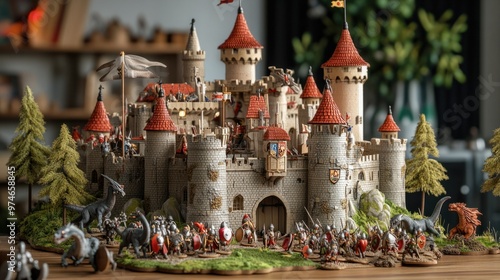 A 3D castle toy with knights and dragons, surrounded by toy trees and medieval accessories photo