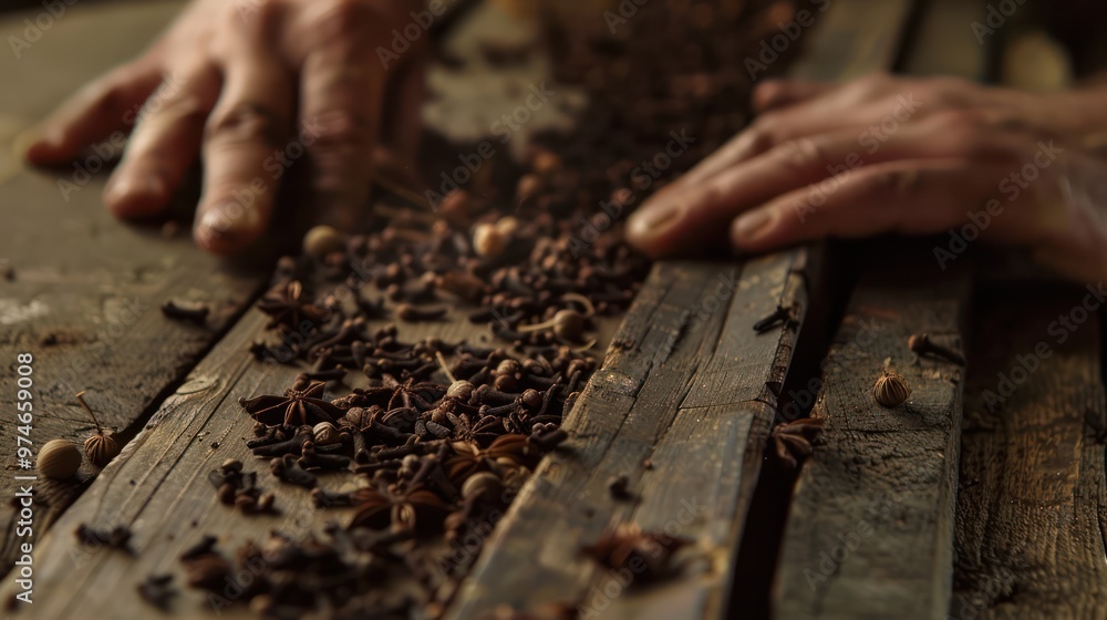 Close up of a hand and spices Close up of a hand and spices