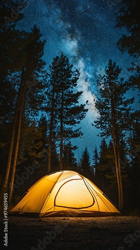 Serene Camping Scene Under a Starry Night Sky with a Glowing Tent