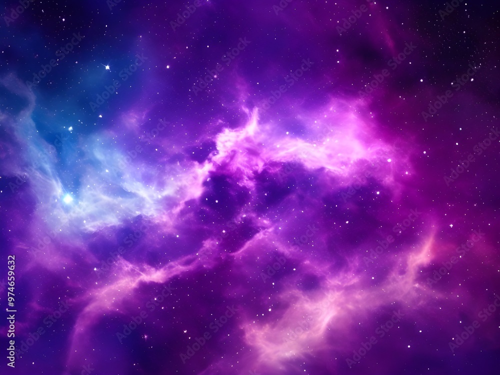 Obraz premium Vibrant purple nebula in deep space with glowing stars and cosmic clouds, suitable for a wide range of creative uses including advertising, social media, promotions, banners, templates, websites, 