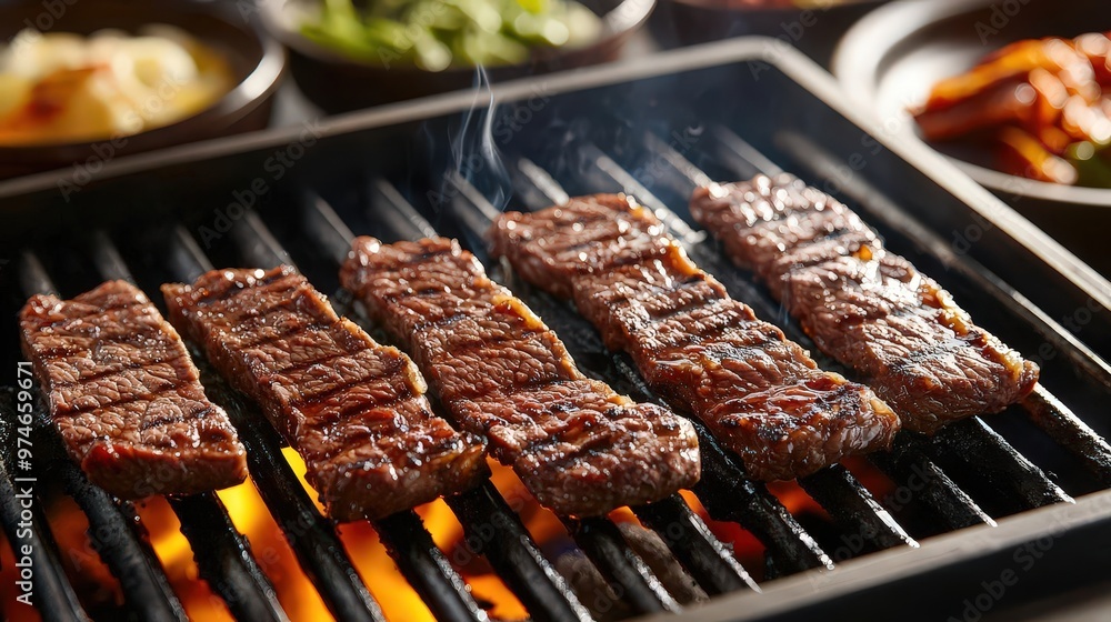 Closeup of beef slices grilling on a Korean BBQ Closeup of beef slices grilling on a Korean BBQ