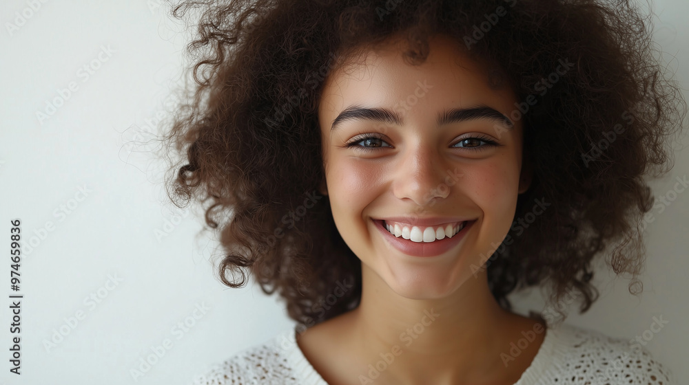 Joyful young woman smiling cheerfully, curly-haired student looking at the camera, standing isolated on a white background. Positive and happy girl advertising products and services with a cheerful ex Joyful young woman smiling cheerfully, curly-haired student looking at the camera, standing isolated on a white background. Positive and happy girl advertising products and services with a cheerful ex