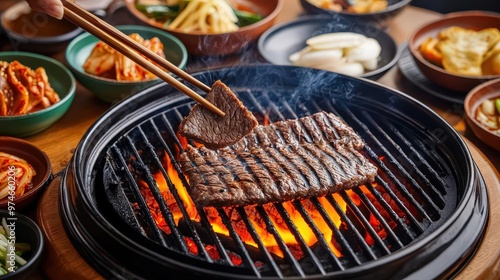 Korean BBQ beef grilling on a tabletop grill