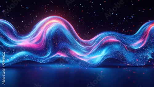Vibrant wave of colorful light in a cosmic space, showcasing brilliant hues of pink and blue with a sparkling background.