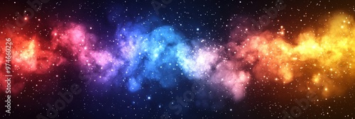 Vibrant cosmic scene featuring a colorful nebula with bursts of stars in deep space, perfect for sci-fi and fantasy themes.
