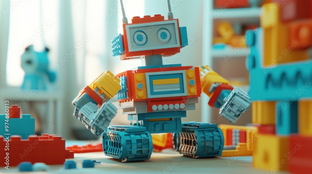 Obraz premium A 3D model of a robot toy with movable parts, sitting on a table with other building blocks