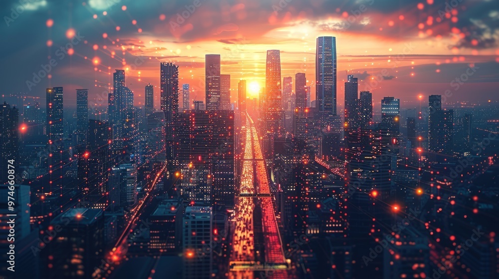 Cityscape silhouette with sunset and red glowing particles. Cityscape silhouette with sunset and red glowing particles.