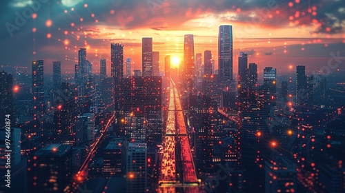 Cityscape silhouette with sunset and red glowing particles.