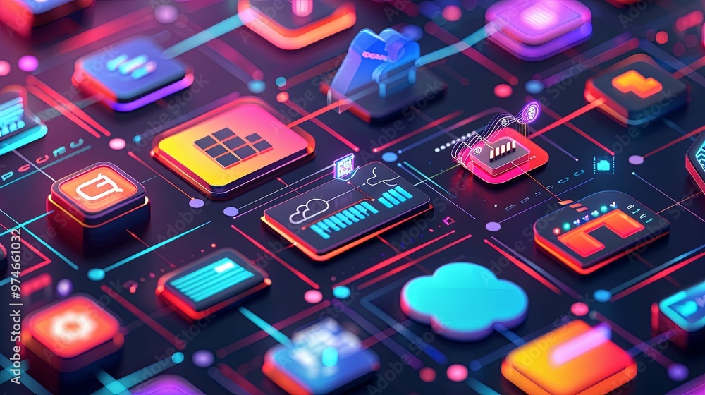 Abstract Digital Network with Neon Icons and Lines Abstract Digital Network with Neon Icons and Lines