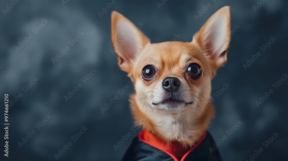 Chihuahua in Dracula Costume Standing in Front of Spooky Castle Chihuahua in Dracula Costume Standing in Front of Spooky Castle