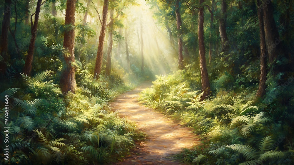 Obraz premium Tranquil Forest Pathway Bathed in Gentle Light Surrounded by Lush Greenery