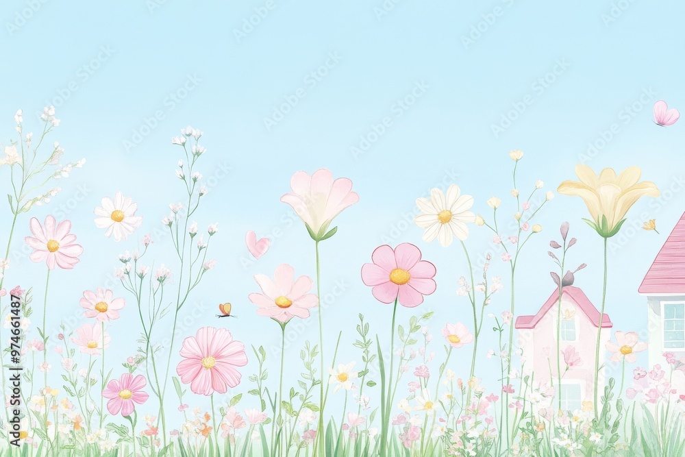 A serene garden with colorful flowers and a quaint house under a clear blue sky, perfect for nature-themed designs. A serene garden with colorful flowers and a quaint house under a clear blue sky, perfect for nature-themed designs.