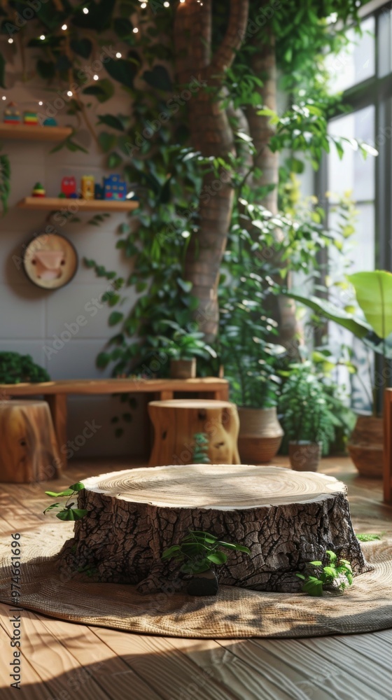 A magical forest-themed playroom with an empty, tree stump table, surrounded by soft green plants, ideal for a nature-inspired toy composite A magical forest-themed playroom with an empty, tree stump table, surrounded by soft green plants, ideal for a nature-inspired toy composite