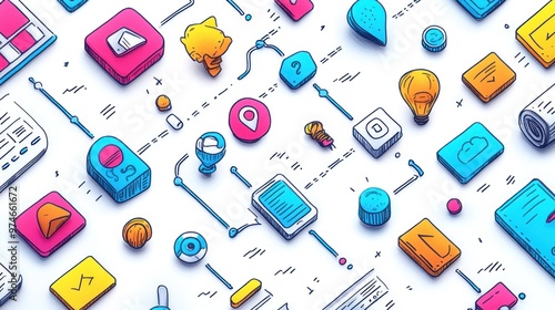 Colorful icons representing technology and digital interactions.