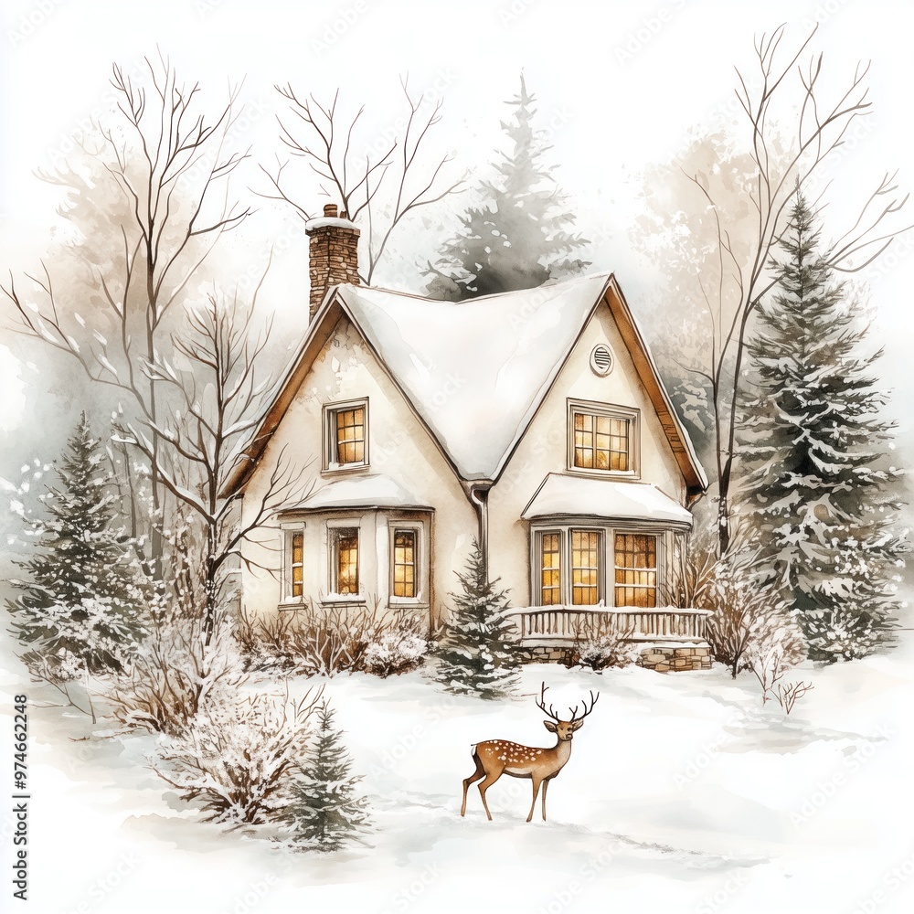 Cozy winter scene with a charming house and a deer in a snowy landscape during twilight Cozy winter scene with a charming house and a deer in a snowy landscape during twilight