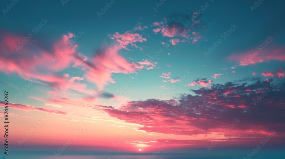 Fototapeta premium Minimalist Background: Dramatic Sunset Over a Beach Horizon with Soft Blue and Red Gradients 