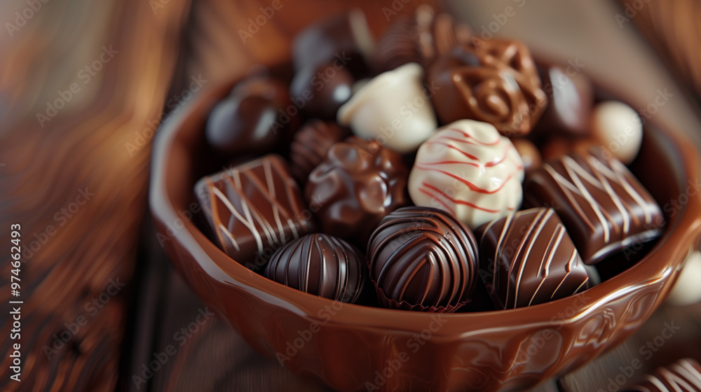 A bowl filled with various chocolates made of milk, dark, and white chocolate, adorned with decorative patterns. The image showcases different shapes and textures A bowl filled with various chocolates made of milk, dark, and white chocolate, adorned with decorative patterns. The image showcases different shapes and textures