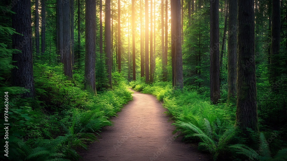 Fototapeta premium Tranquil Forest Pathway Bathed in Gentle Light Surrounded by Lush Greenery