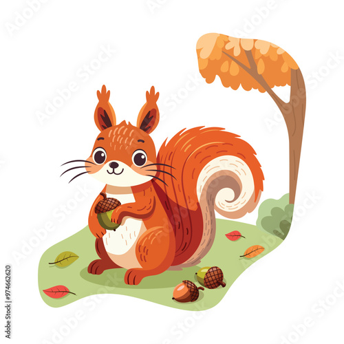 Cute squirrel with an acorn and autumn leaves on white background. Vector illustration in cartoon flat style.