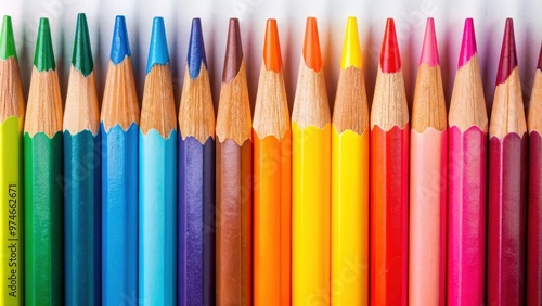 Closeup of vibrant color pencils with perfectly sharpened tips in a row, colorful, art supplies, sharp