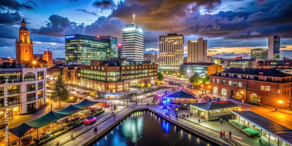 Obraz premium Vibrant night life in the heart of Birmingham, UK with dark black sky overhead, Birmingham, United Kingdom