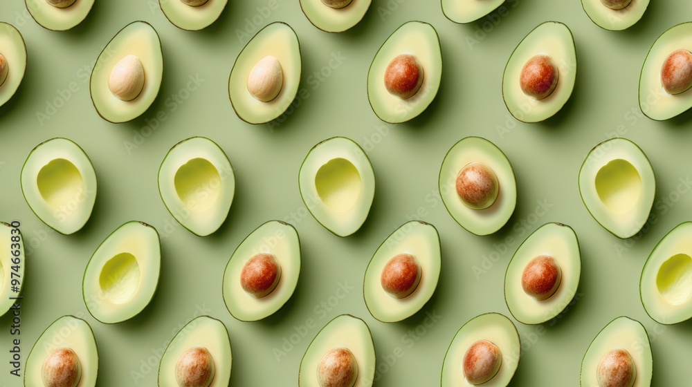 Seamless pattern of halved avocados with seeds on a green background. Healthy tropical fruit concept. Seamless pattern of halved avocados with seeds on a green background. Healthy tropical fruit concept.