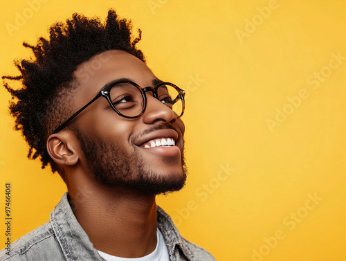 Smiling stylish Gen Z Black hipster guy looking away at copy space. Happy young African American man posing against a yellow background. Positive, confident, trendy male portrait for modern advertisin photo