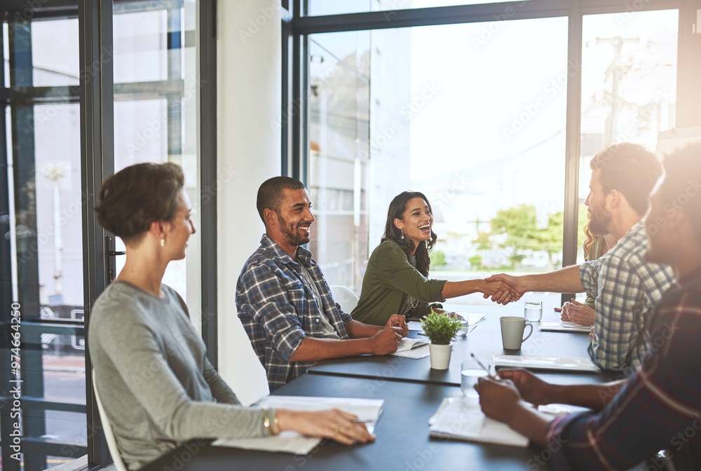 Obraz premium Employees, shaking hands and respect in boardroom for client, negotiation success and acquisition. Business people, meeting and thank you for partnership at sales agency, welcome and onboarding