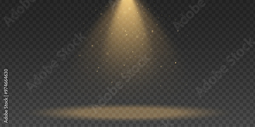 Golden spotlight with glowing particles isolated on black background. Prize place. Light effect. Podium for fashion show. Vector illustration. EPS 10.