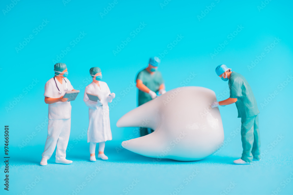 Naklejka premium Miniature Dentists Working on Large Tooth Against Blue Background