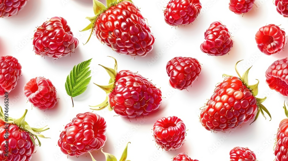 Seamless pattern of realistic raspberries and green leaves isolated on white. Ideal for fresh, vibrant, and summer-themed designs. Seamless pattern of realistic raspberries and green leaves isolated on white. Ideal for fresh, vibrant, and summer-themed designs.