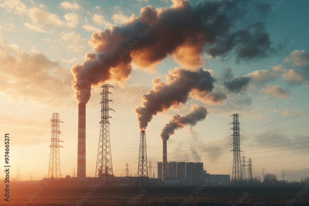 Urban Industrial Landscape Bursting with Smoky Clouds at Sunset, Evoking Environmental Reflection Urban Industrial Landscape Bursting with Smoky Clouds at Sunset, Evoking Environmental Reflection