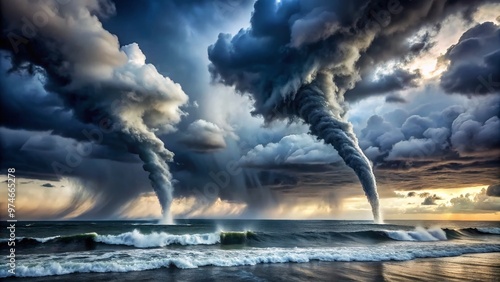 towering waterspouts twirl above turbulent ocean waves, surrounded by dark storm clouds and mist, capturing the intense power of nature's fury.