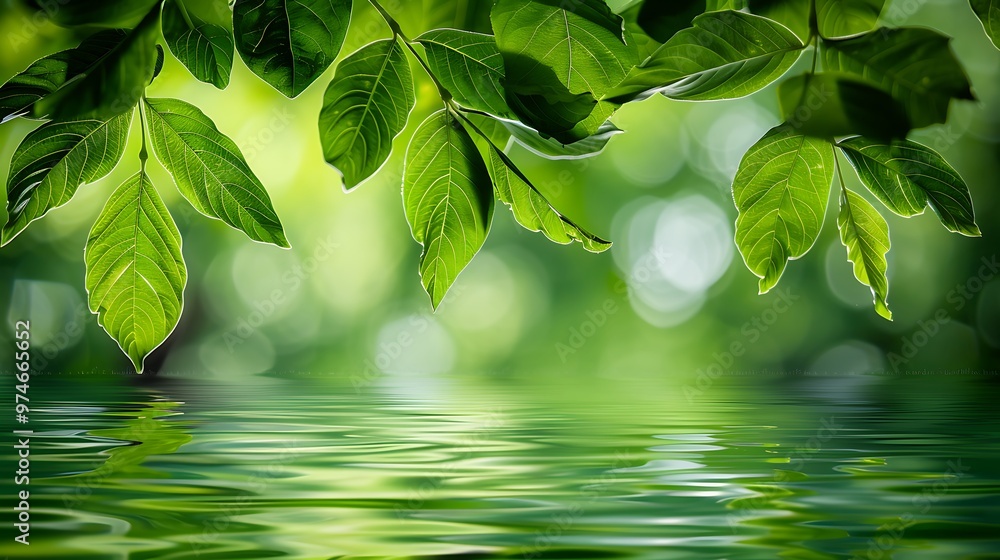 Serene Nature Reflection: Green Leaves Over a Calm Water Surface, Perfect for Relaxation, Meditation, and Natural Beauty Themes Serene Nature Reflection: Green Leaves Over a Calm Water Surface, Perfect for Relaxation, Meditation, and Natural Beauty Themes