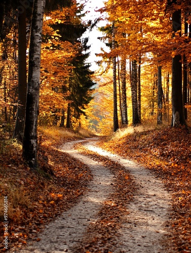 Scenic autumn path winding through vibrant orange foliage, inviting peaceful walks and nature exploration in a serene landscape.