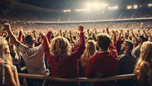 Rear View of Cheering Football Fans in Stadium